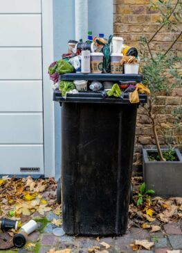 black trash bin with green leaves