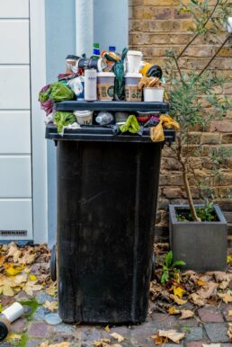 black trash bin with green leaves
